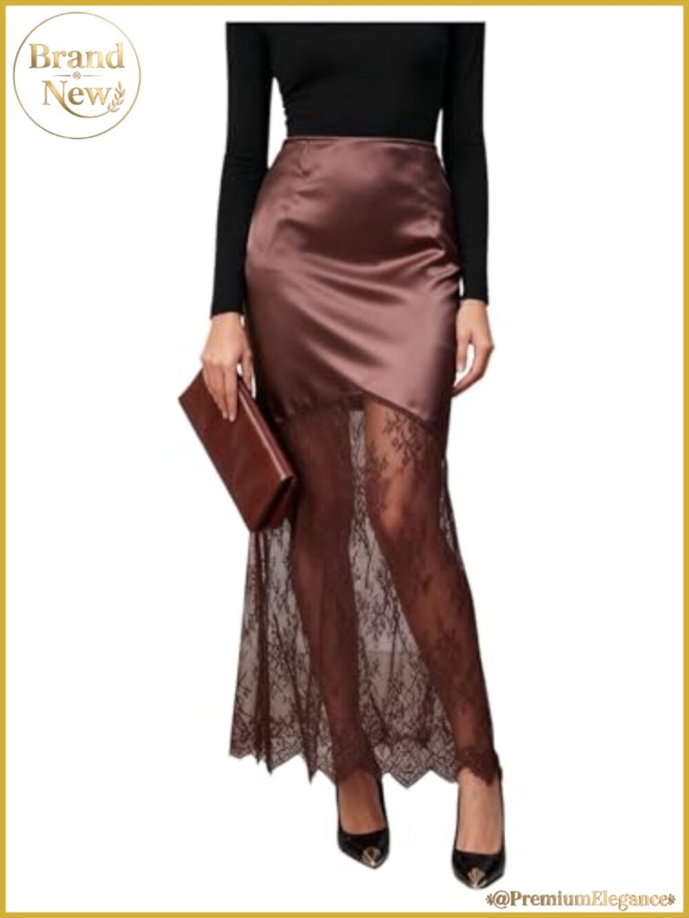 Women's Floral Lace Satin Maxi Skirt High Waist Elegant Fishtail Party Skirt